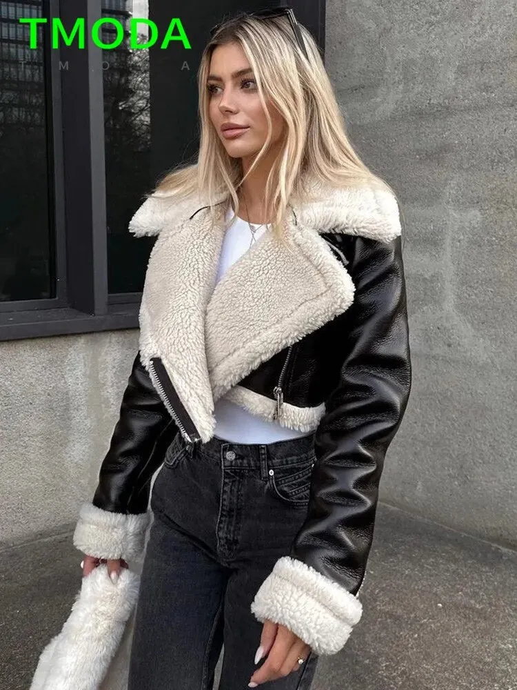 2023 Autumn Winter Women Thick Warm Faux Leather Shearling Short Jacket Ladies Vintage Coat Female Outerwear Chic Tops