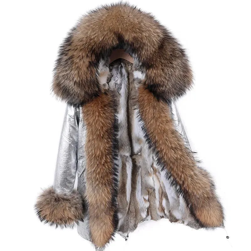 2023 Real Natural Raccoon Big Fox Fur Collar Parkas Long Female Winter Rabbit Lining Inner Jacket Fur Coat Outerwear