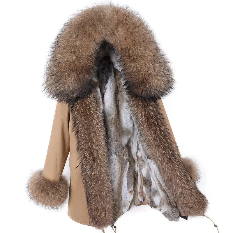 2023 Real Natural Raccoon Big Fox Fur Collar Parkas Long Female Winter Rabbit Lining Inner Jacket Fur Coat Outerwear