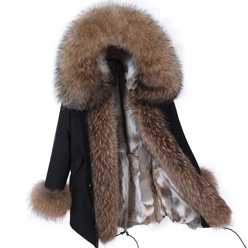 2023 Real Natural Raccoon Big Fox Fur Collar Parkas Long Female Winter Rabbit Lining Inner Jacket Fur Coat Outerwear