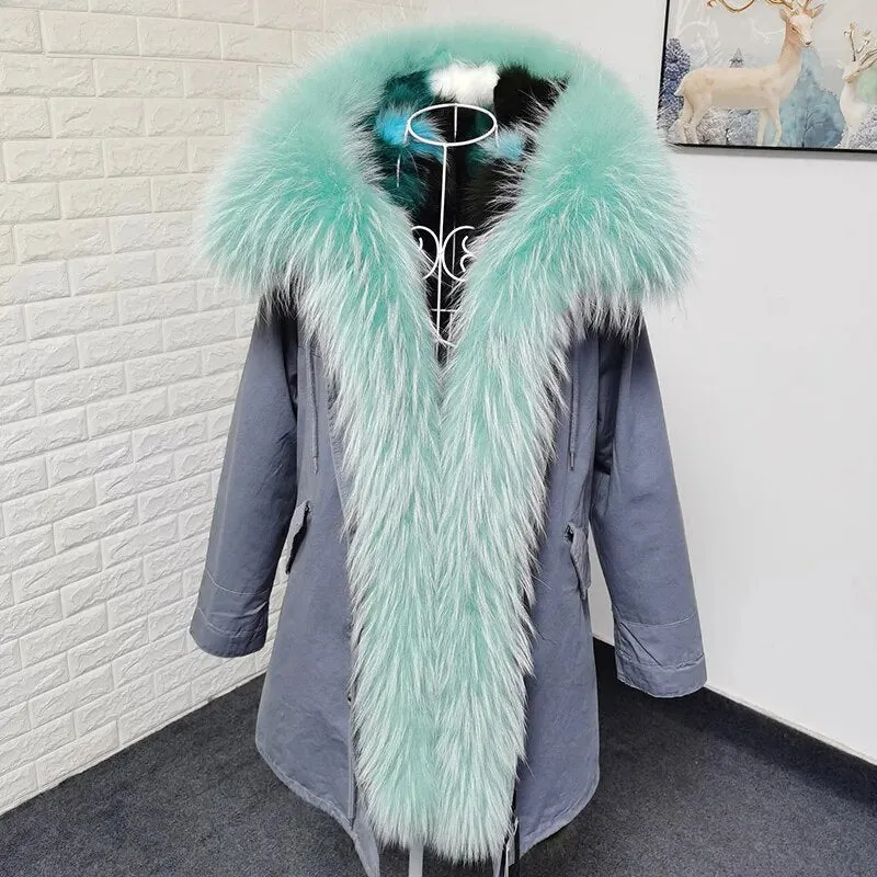 Ashore Shop Natural Real Fox Fur Inner Fur Jacket Winter Women Parka Big Luxury Fox Raccoon Fur Collar Coat Warm Female Clothing