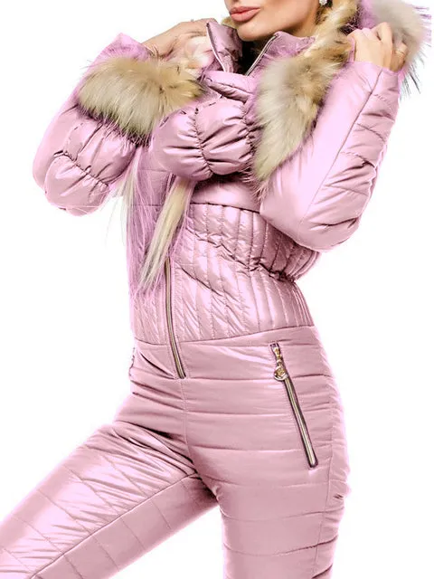 Ashore Shop Women's Ski Jump Suit Windproof and Hooded with Fur