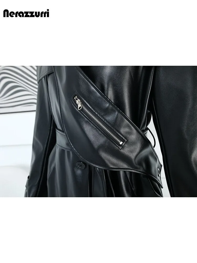 Autumn Long Black Cool Pu Leather Trench Coat for Women with Detachable Bag Sailor Collar Luxury Designer Clothes