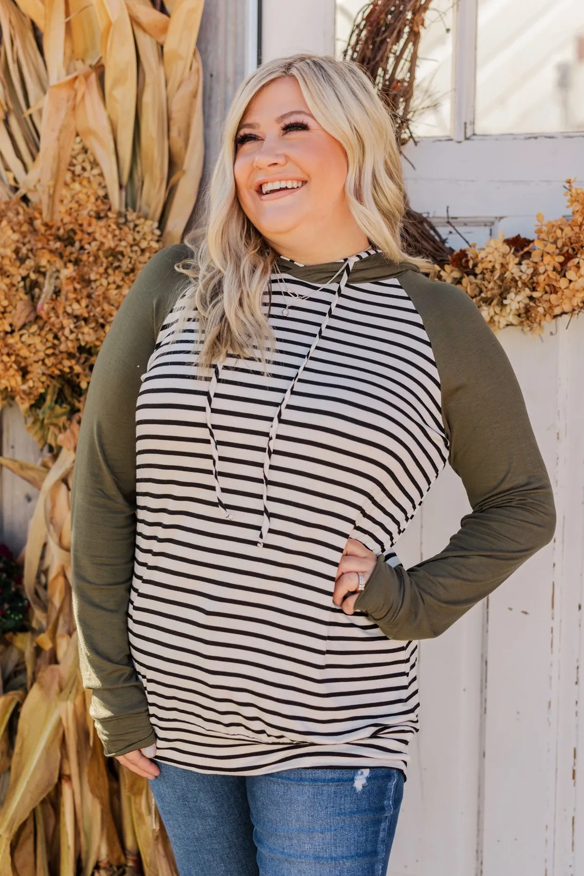 Autumn Wishes Striped Hoodie- Olive & White