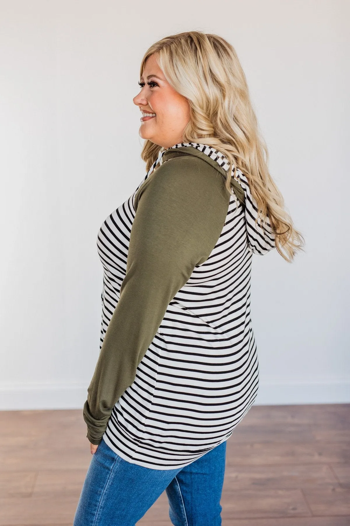 Autumn Wishes Striped Hoodie- Olive & White