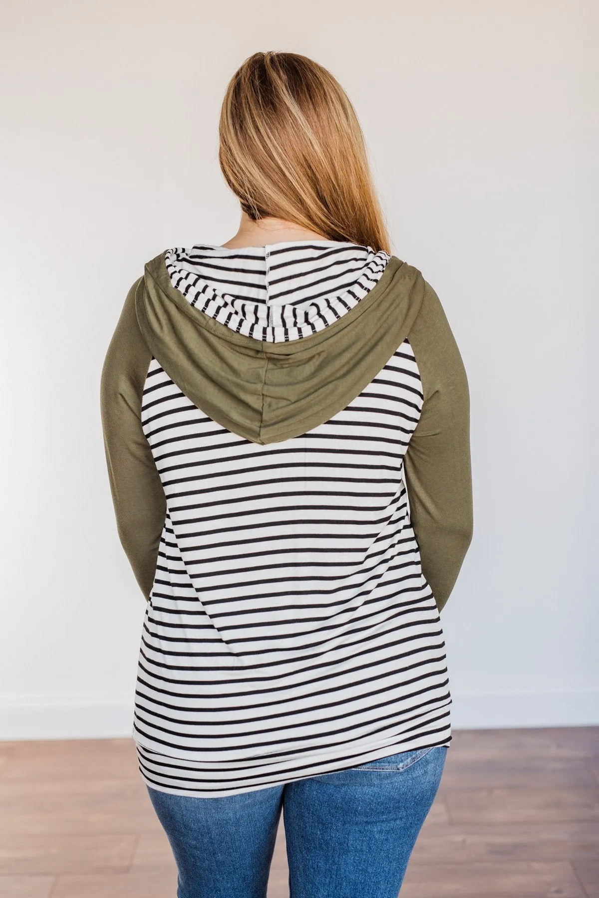 Autumn Wishes Striped Hoodie- Olive & White