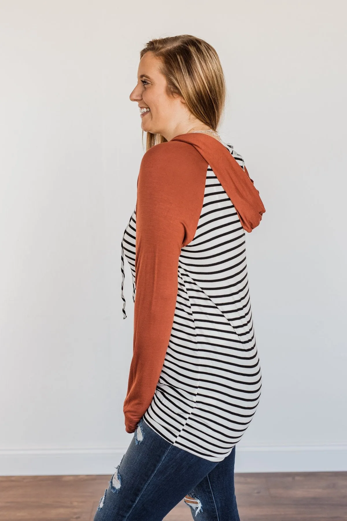 Autumn Wishes Striped Hoodie- Rust & White