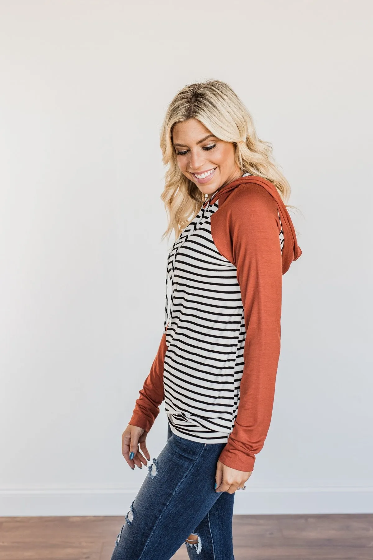 Autumn Wishes Striped Hoodie- Rust & White