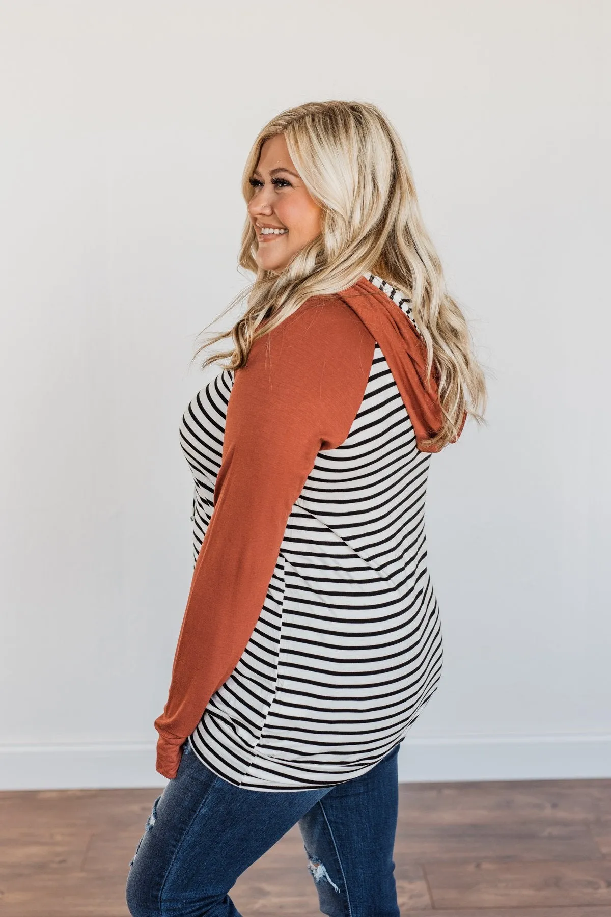 Autumn Wishes Striped Hoodie- Rust & White