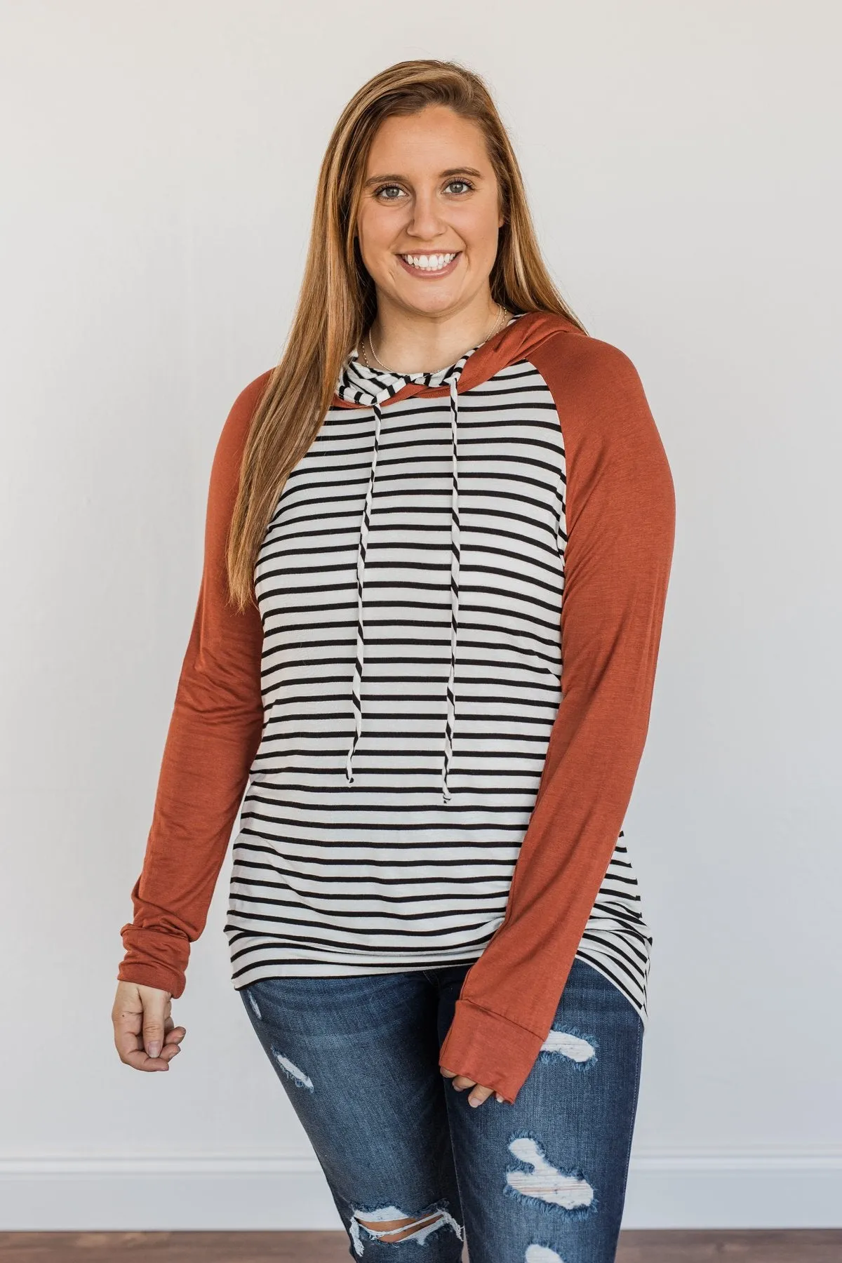 Autumn Wishes Striped Hoodie- Rust & White