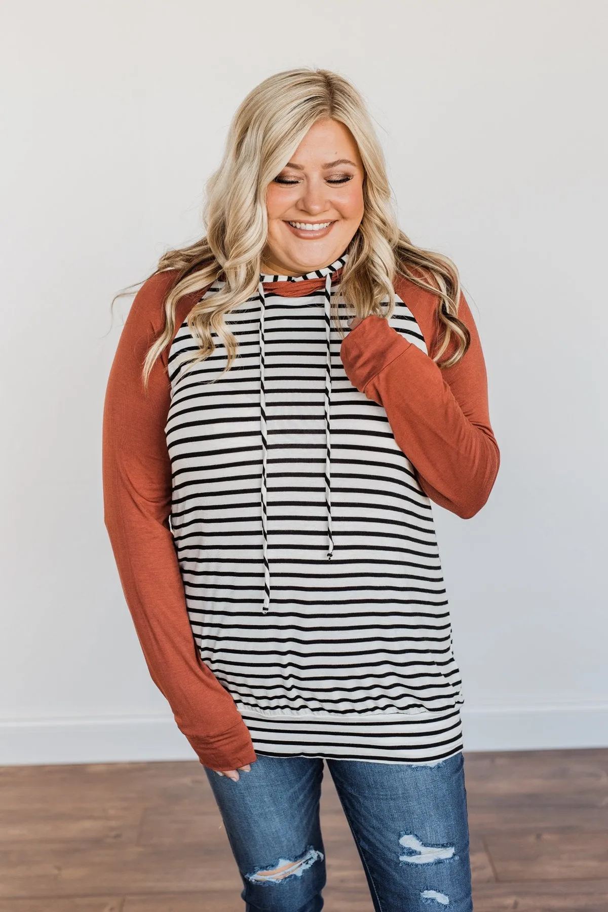 Autumn Wishes Striped Hoodie- Rust & White