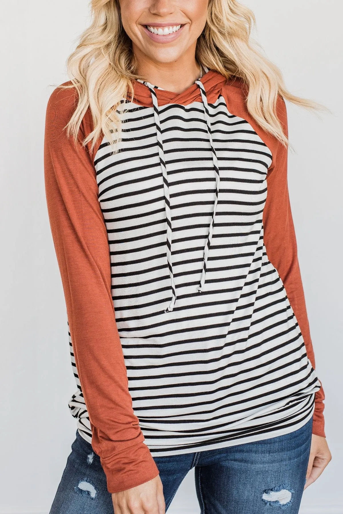 Autumn Wishes Striped Hoodie- Rust & White