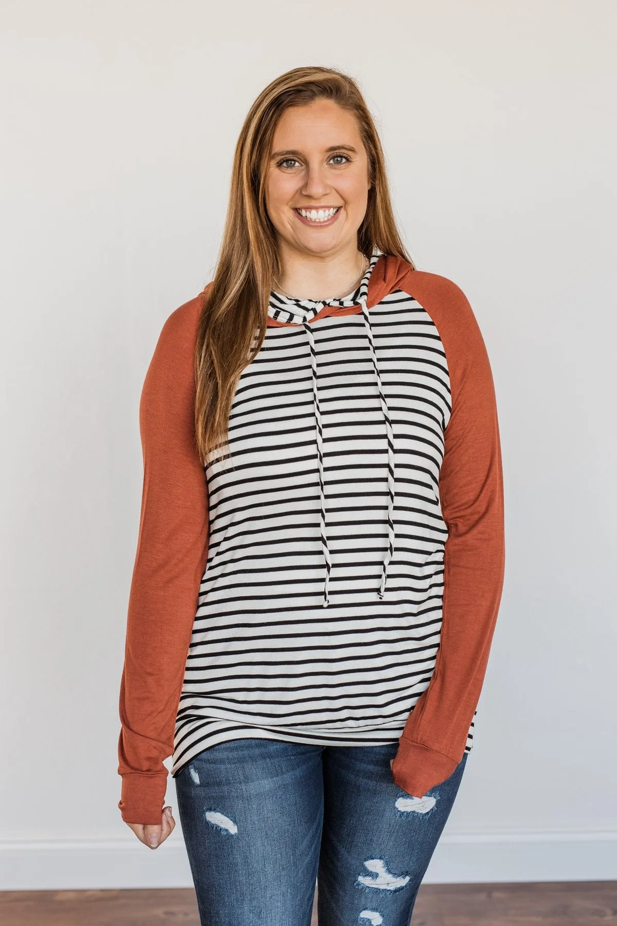 Autumn Wishes Striped Hoodie- Rust & White