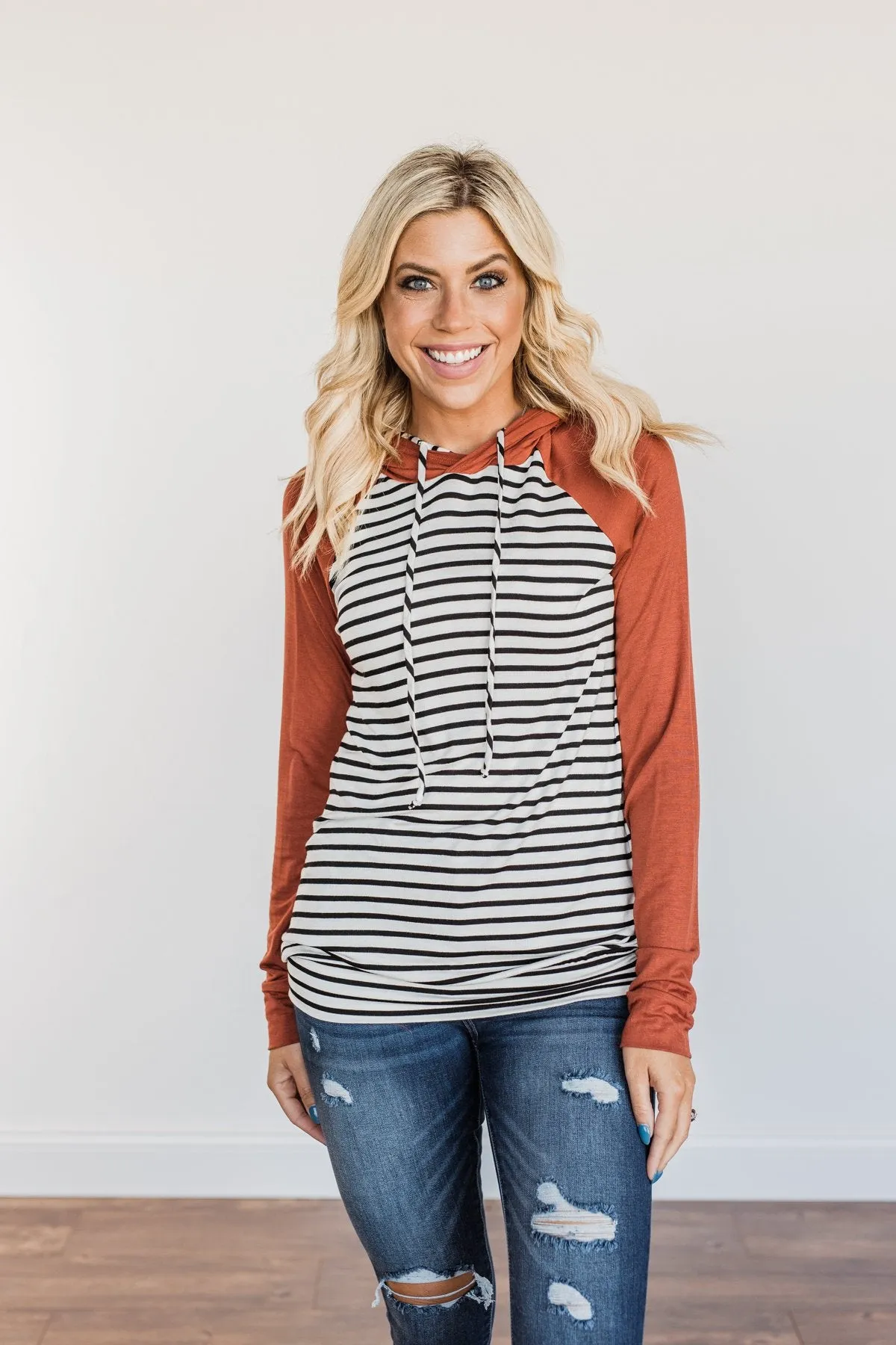 Autumn Wishes Striped Hoodie- Rust & White