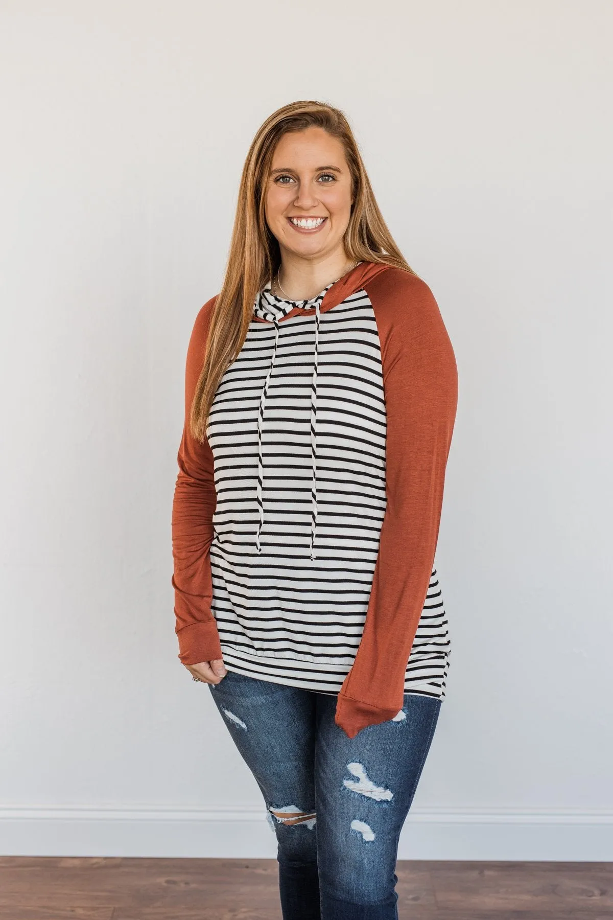 Autumn Wishes Striped Hoodie- Rust & White