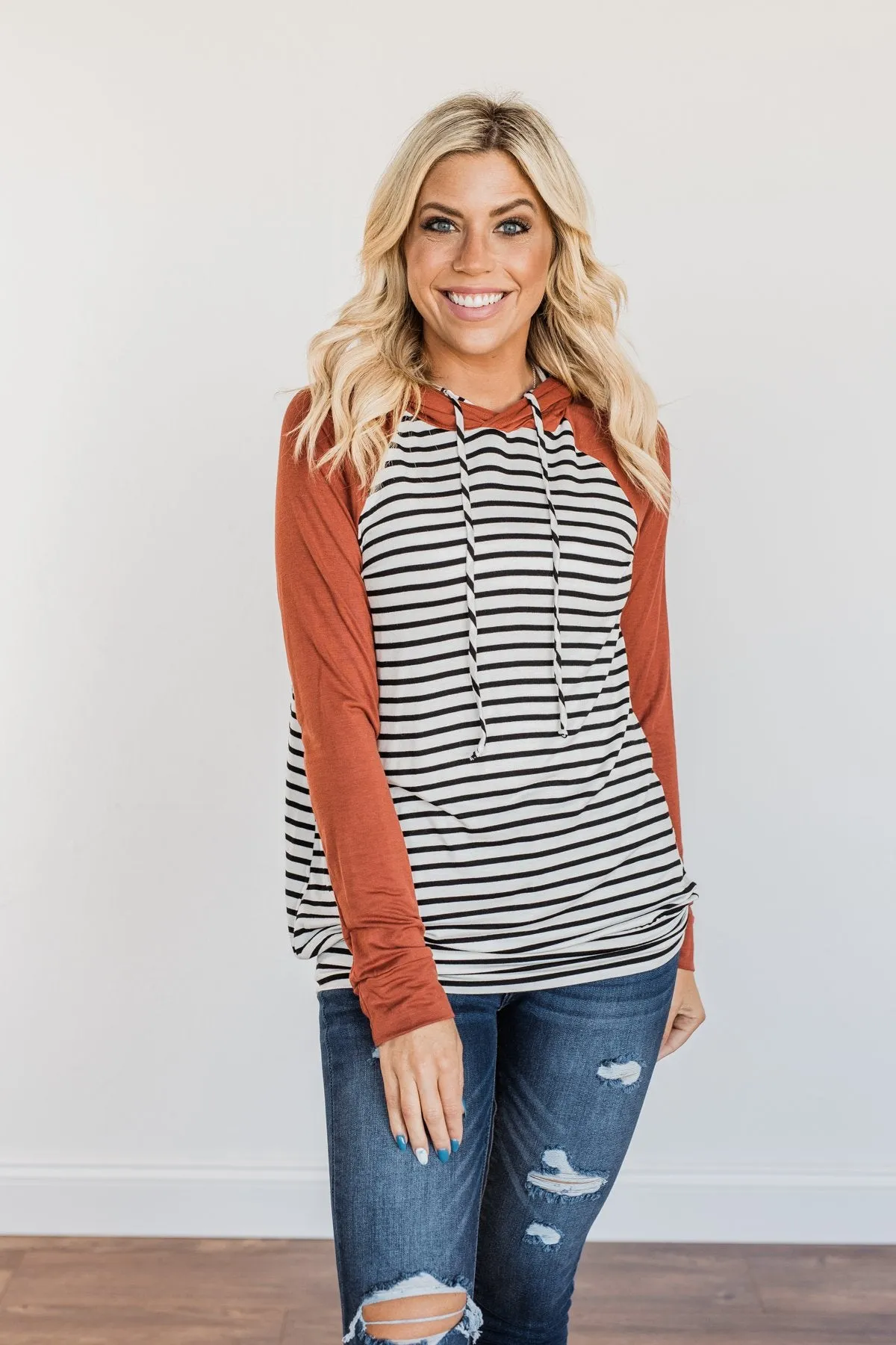 Autumn Wishes Striped Hoodie- Rust & White