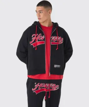 boohooMAN Mens Oversized Boxy Homme Embroidered Varsity Zip Through Hoodie