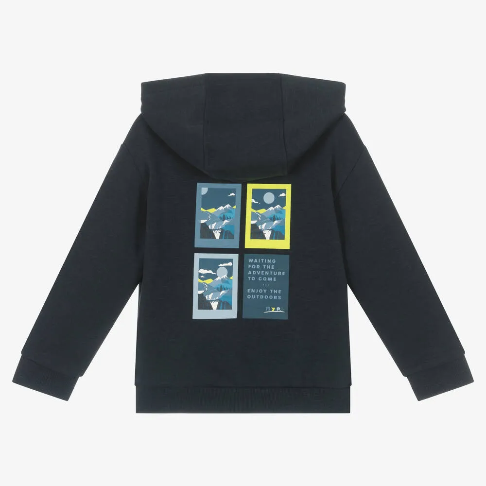 Boys Navy Blue Cotton Mountain Print Hoodie