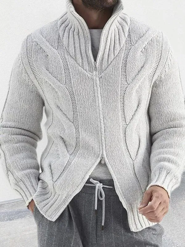 Cable Zipper Men Cardigan Turtleneck Sweater