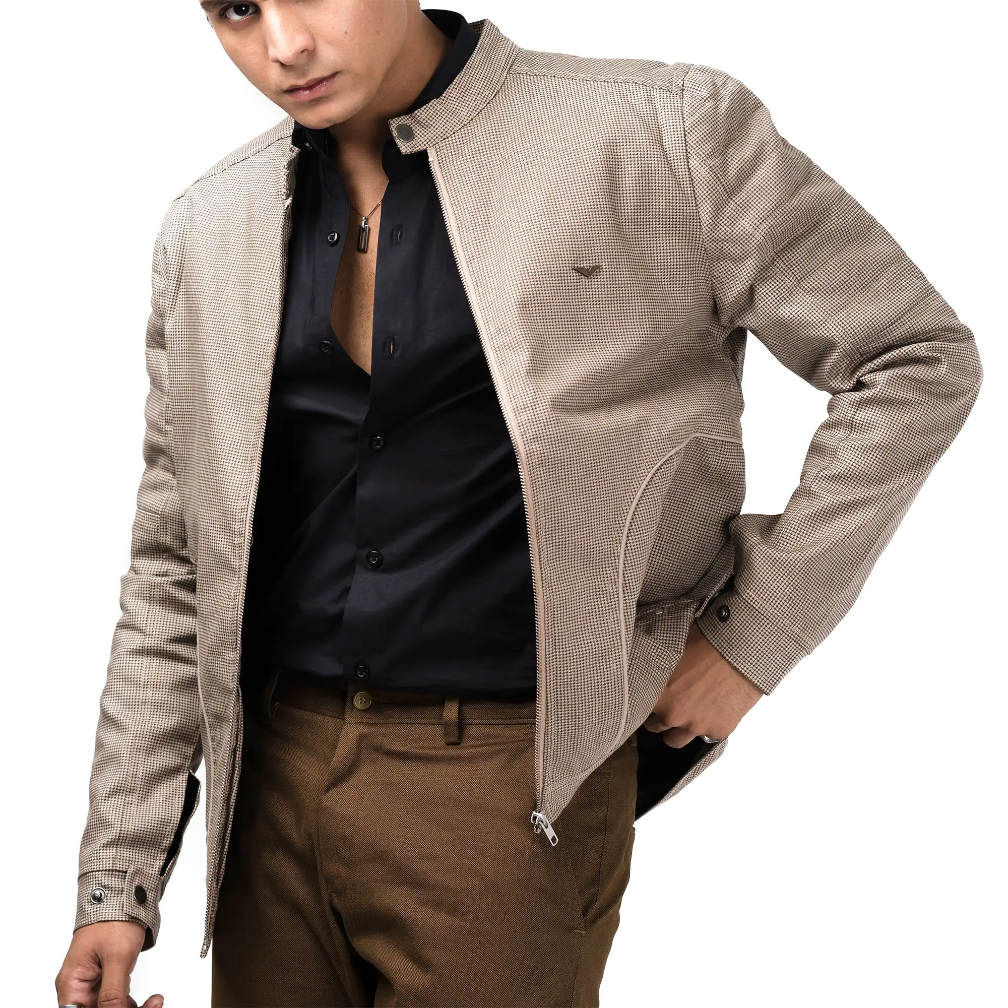 Cotton Checkered Jacket-Beige