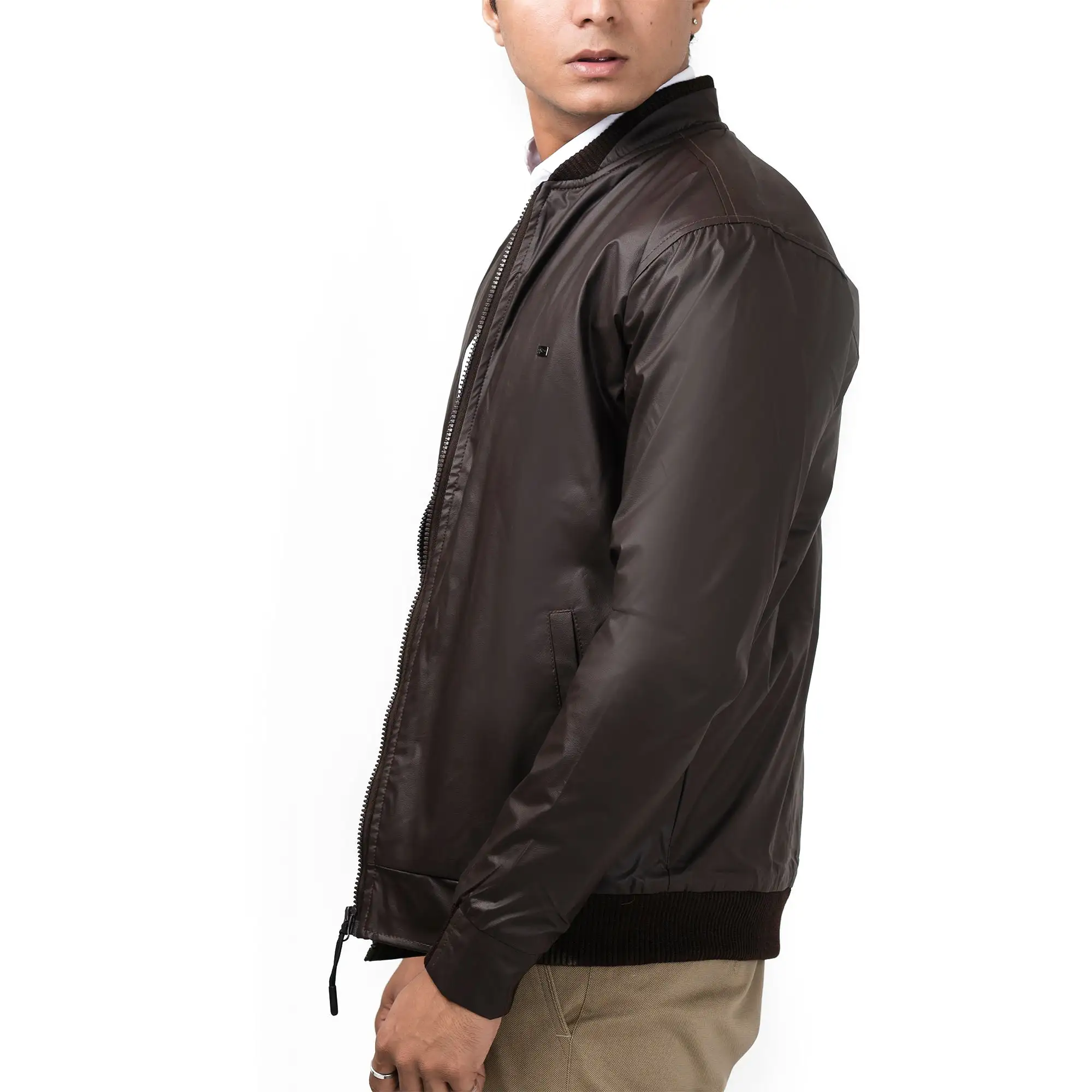 Double Collar Rexine Jacket-Brown