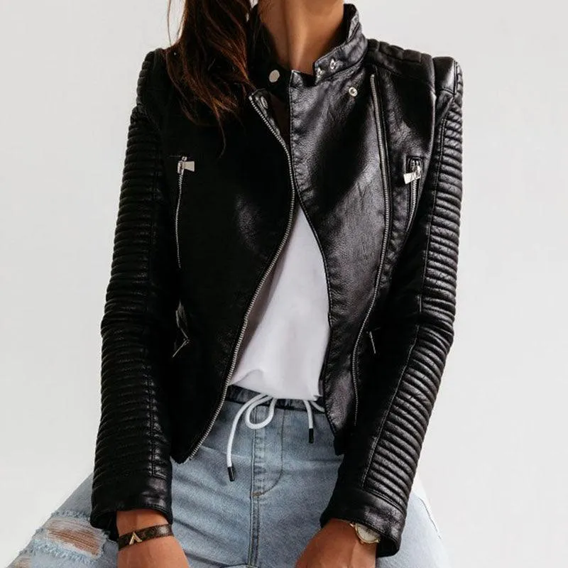 Faux Leather Motorcycle Jacket with Bodycon Fit for Casual Wear