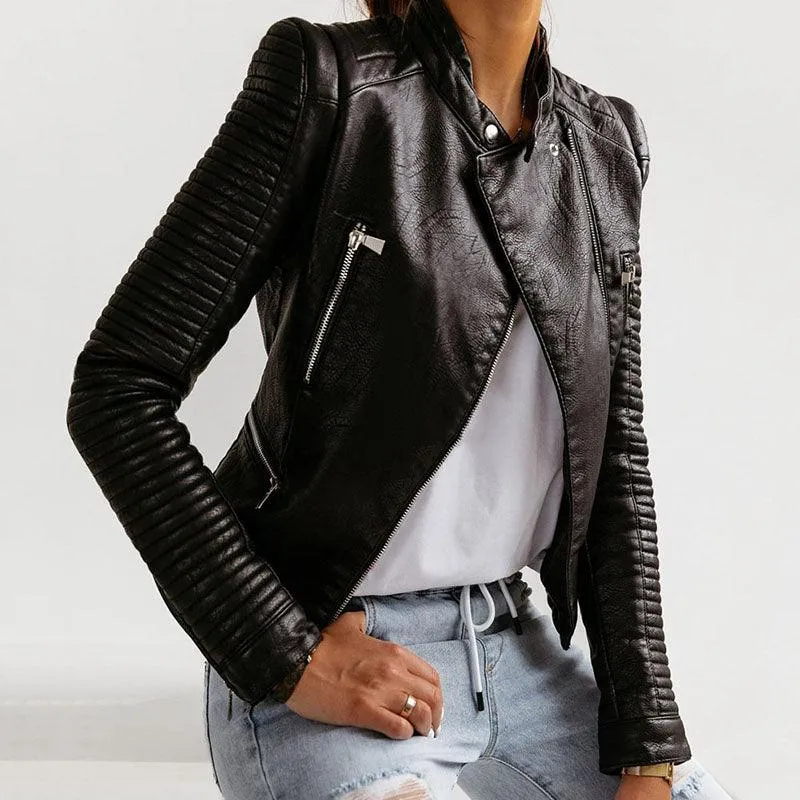 Faux Leather Motorcycle Jacket with Bodycon Fit for Casual Wear