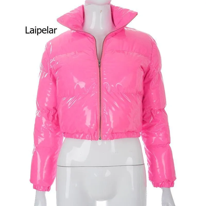 Glossy Patent Leather Padded Short Jacket with Stand-up Collar and Solid Design