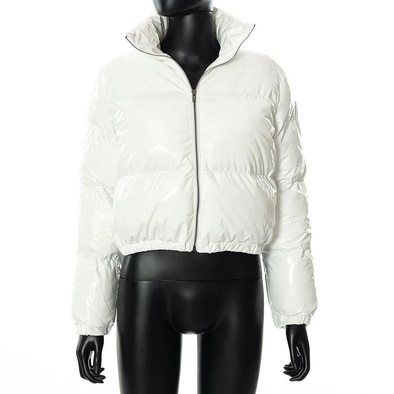 Glossy Patent Leather Padded Short Jacket with Stand-up Collar and Solid Design