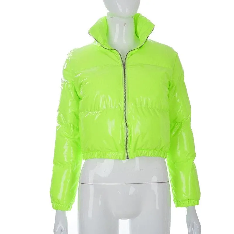 Glossy Patent Leather Padded Short Jacket with Stand-up Collar and Solid Design