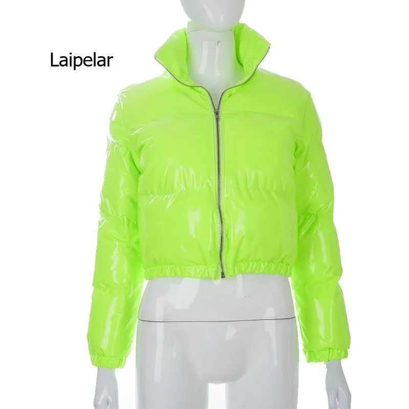 Glossy Patent Leather Padded Short Jacket with Stand-up Collar and Solid Design