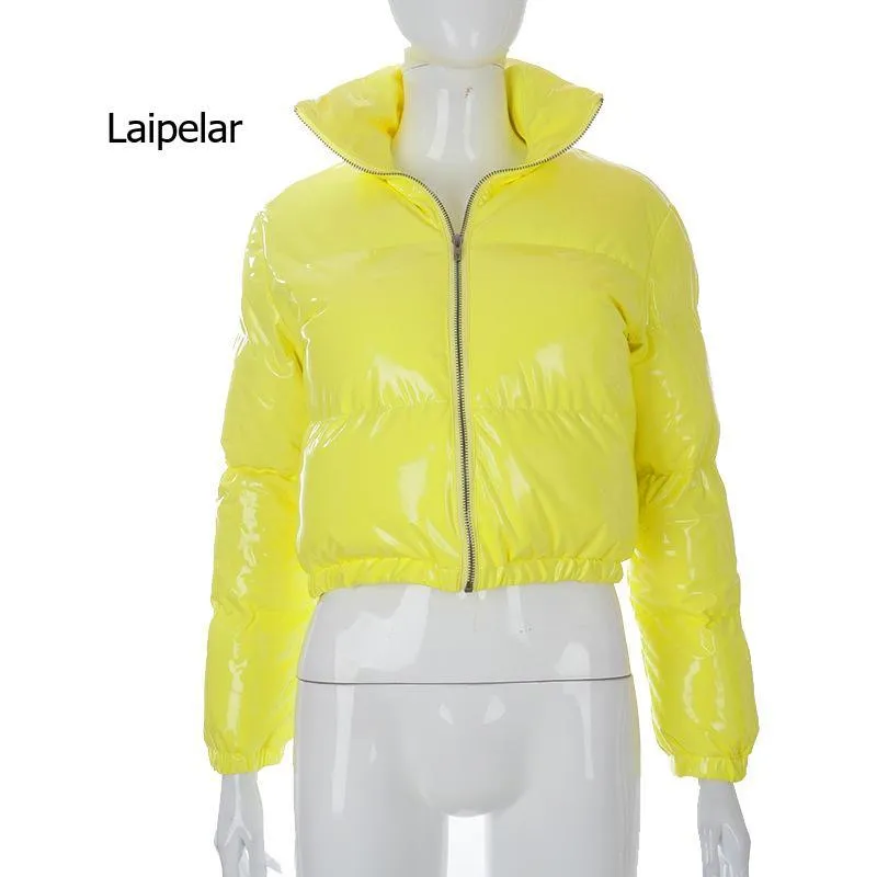 Glossy Patent Leather Padded Short Jacket with Stand-up Collar and Solid Design