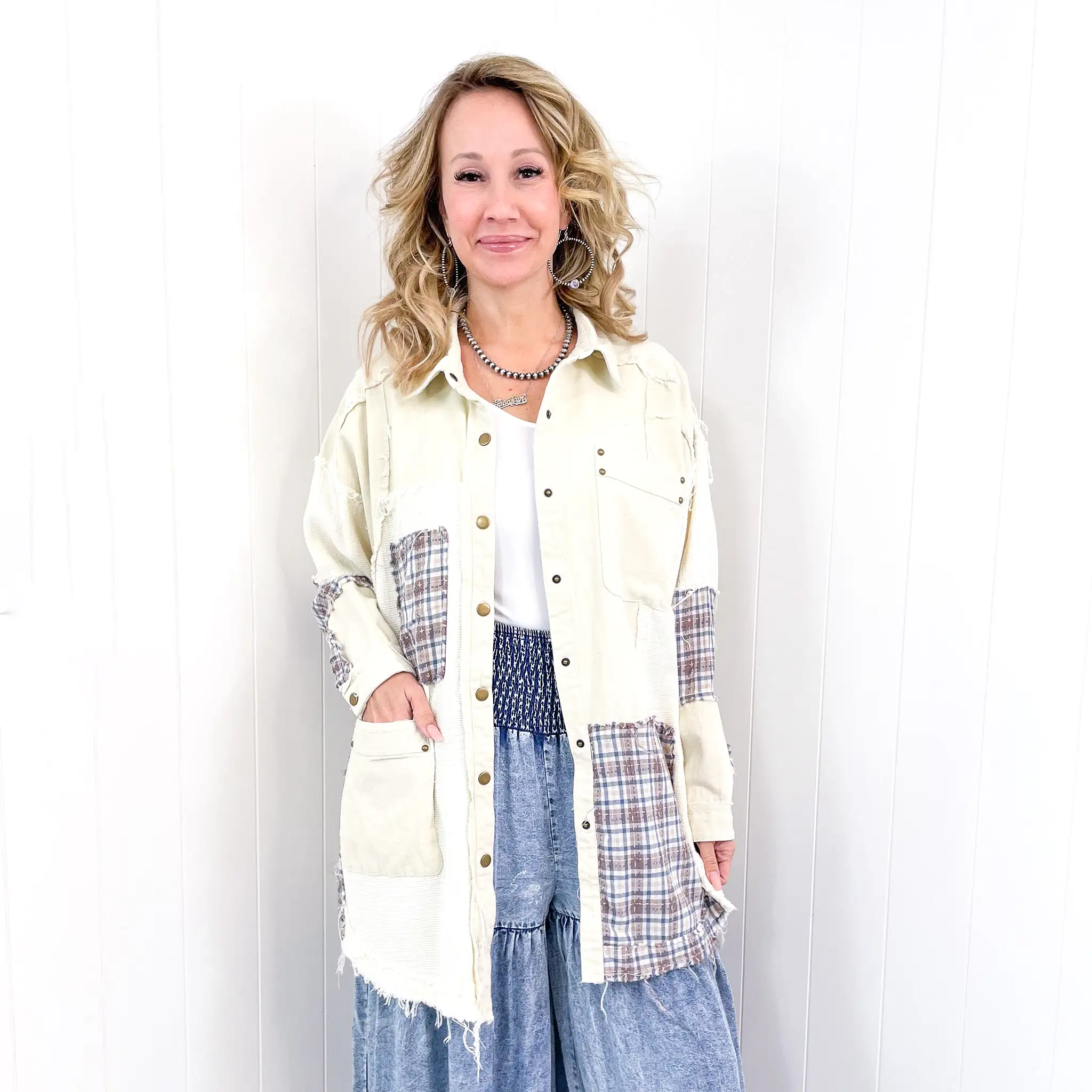 Hiding in Dallas Blue Plaid and Cream Snap Button Longline Top