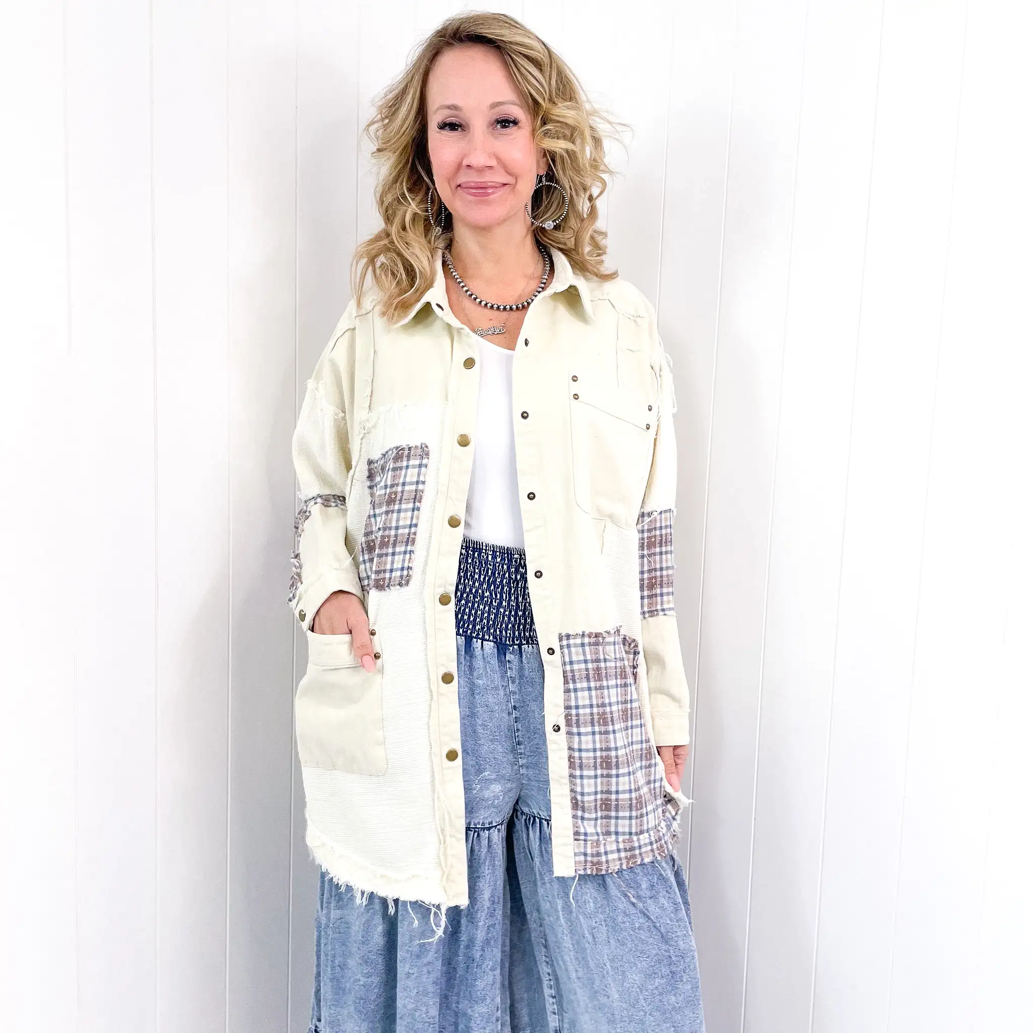 Hiding in Dallas Blue Plaid and Cream Snap Button Longline Top