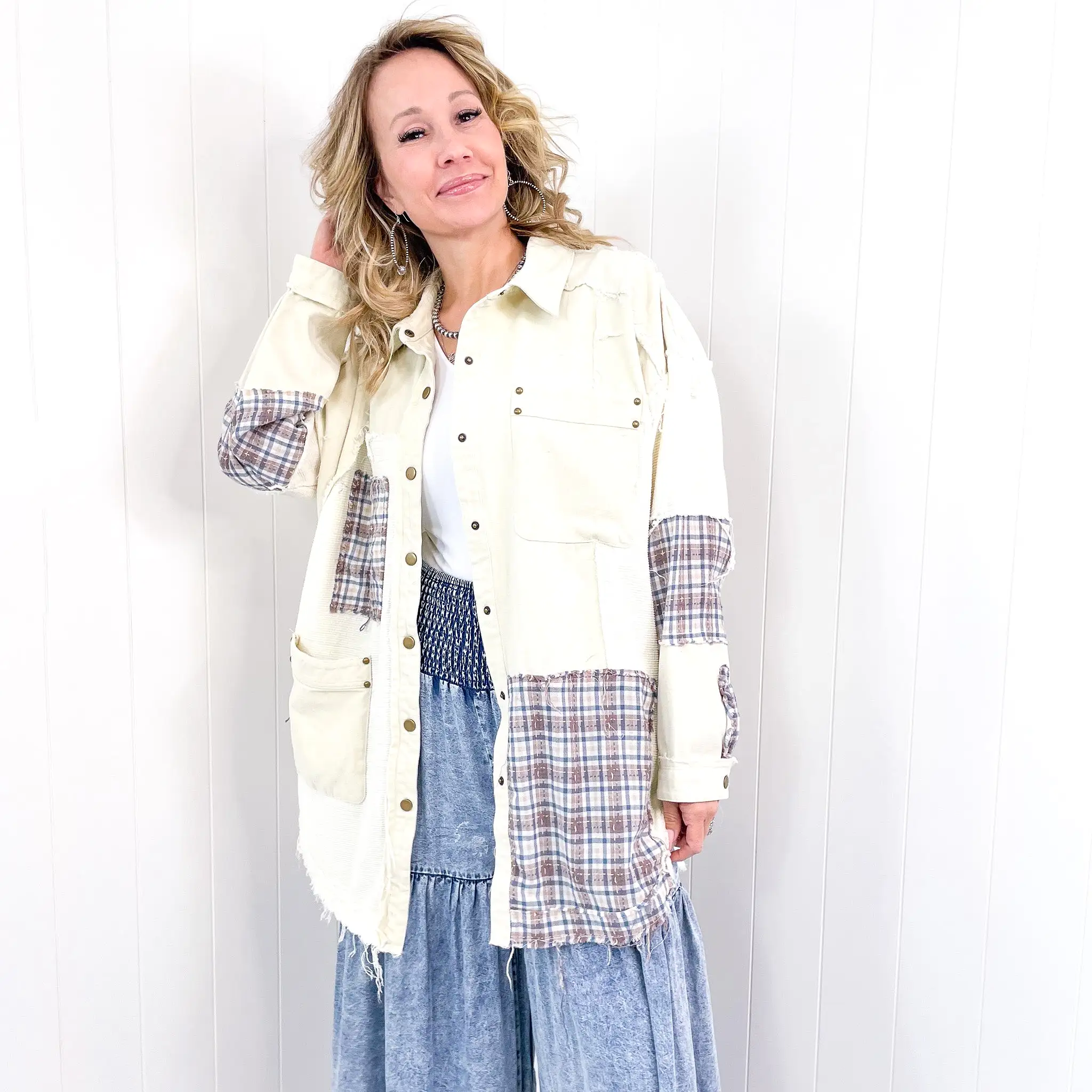 Hiding in Dallas Blue Plaid and Cream Snap Button Longline Top