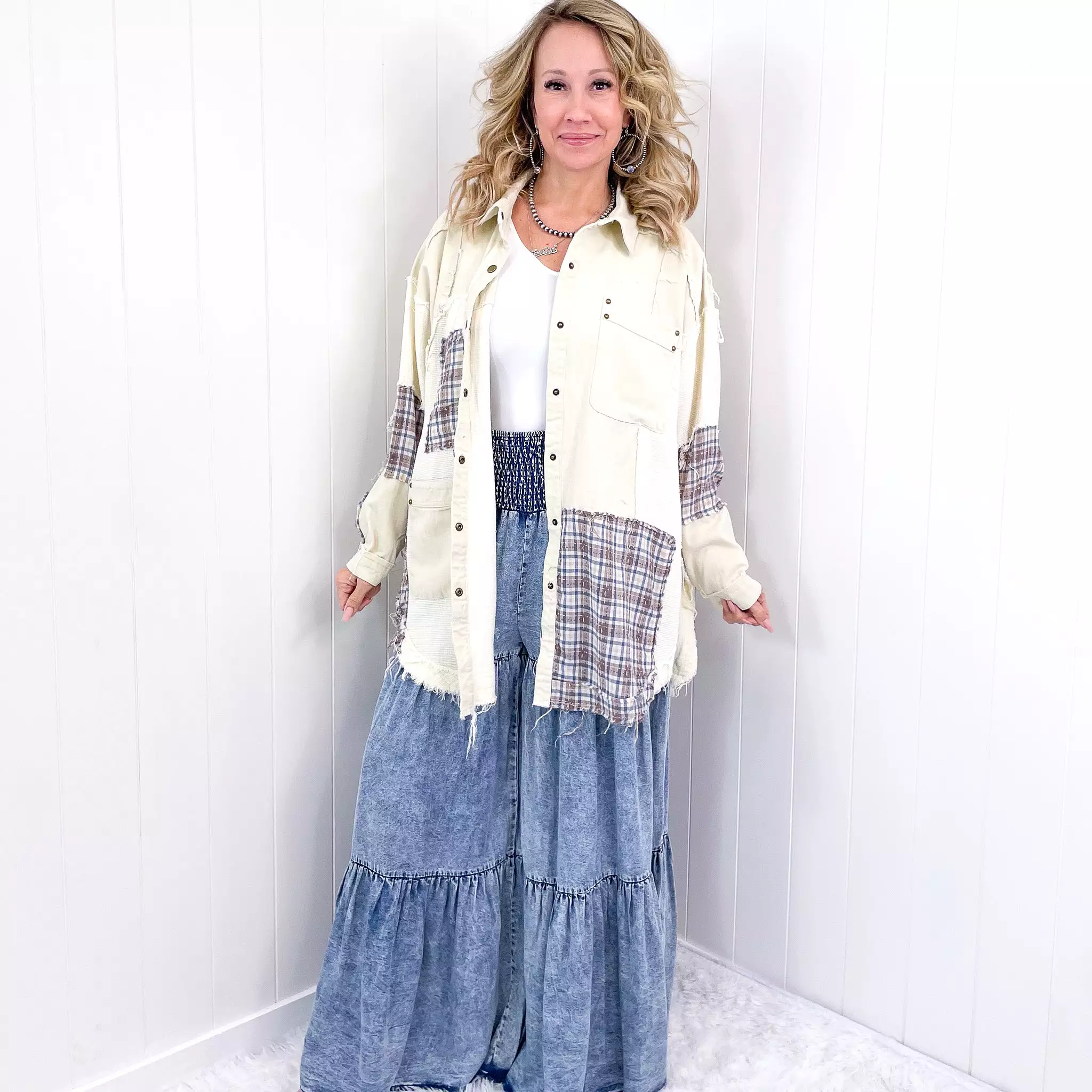 Hiding in Dallas Blue Plaid and Cream Snap Button Longline Top