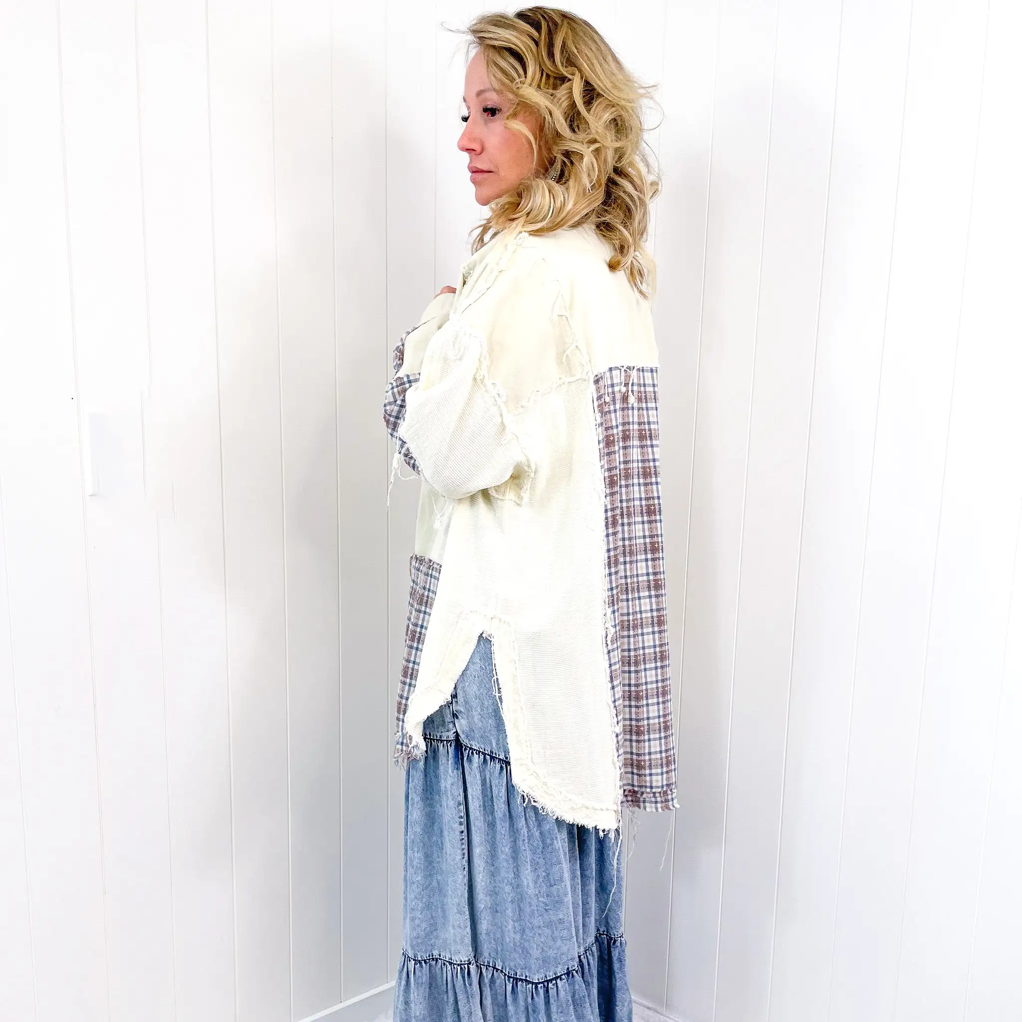 Hiding in Dallas Blue Plaid and Cream Snap Button Longline Top