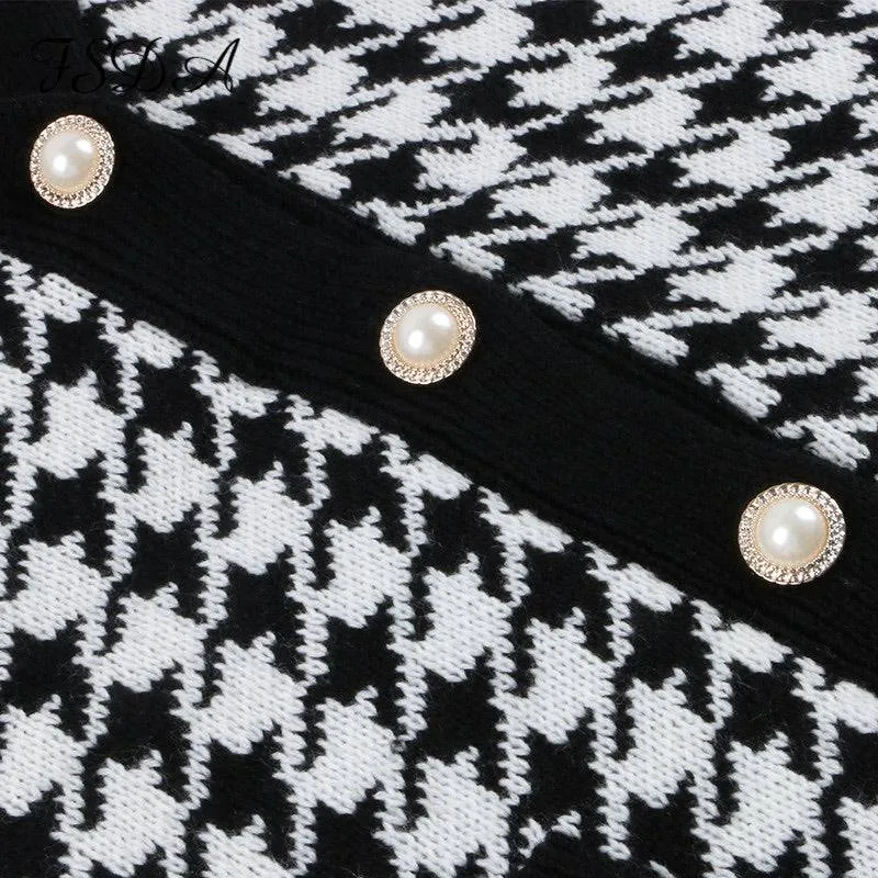 Houndstooth Pattern Knit Long Cardigan