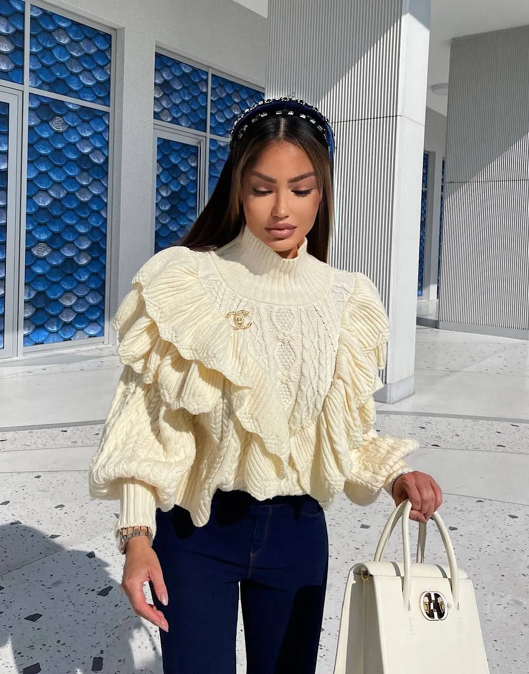 Knitted Ruffle High Neck Jumper