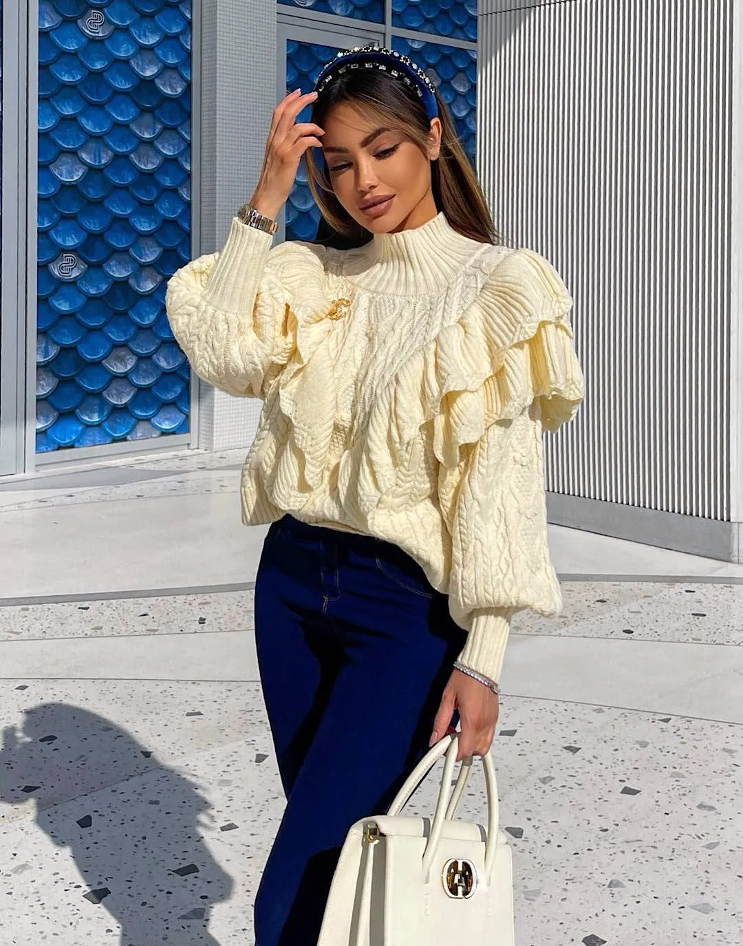 Knitted Ruffle High Neck Jumper