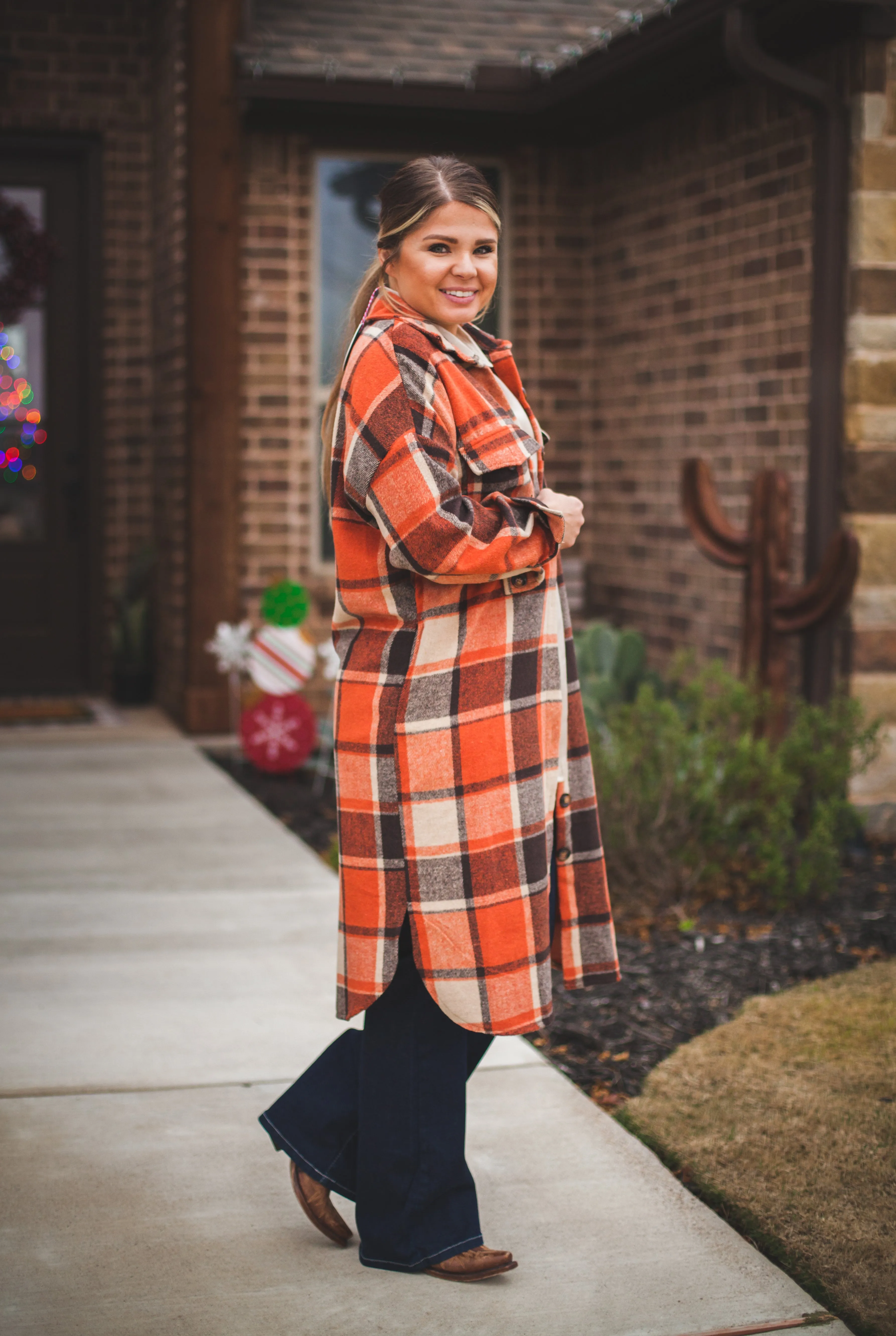 Long Rust Plaid Shirt Jacket