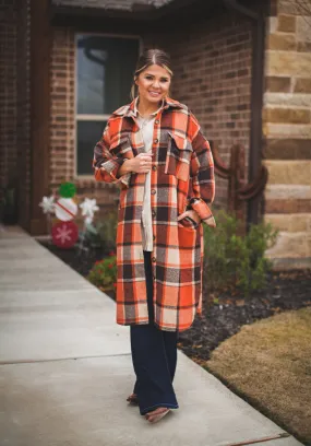 Long Rust Plaid Shirt Jacket