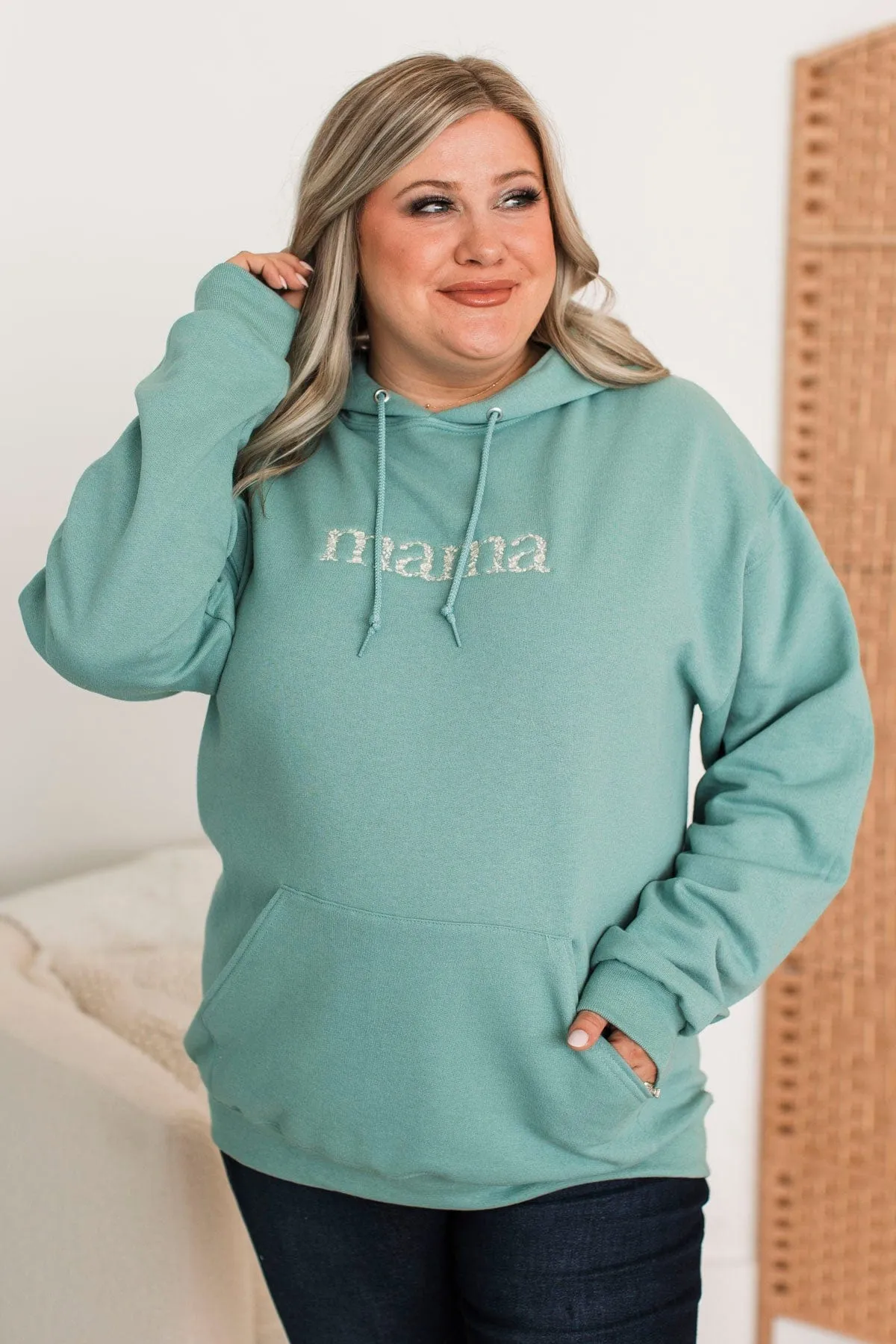 Mama Floral Embroidered Hoodie- Dusty Teal