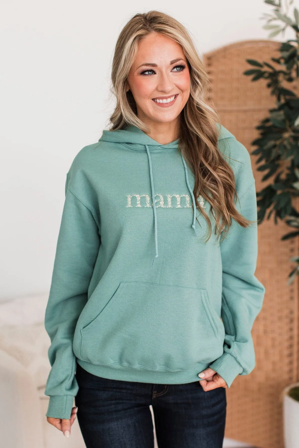 Mama Floral Embroidered Hoodie- Dusty Teal