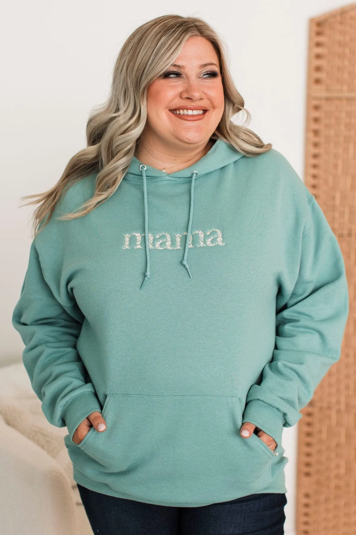 Mama Floral Embroidered Hoodie- Dusty Teal