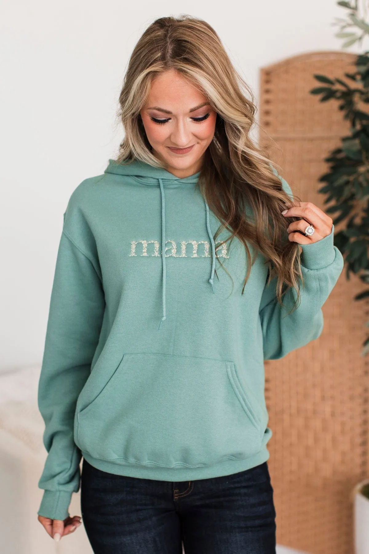 Mama Floral Embroidered Hoodie- Dusty Teal