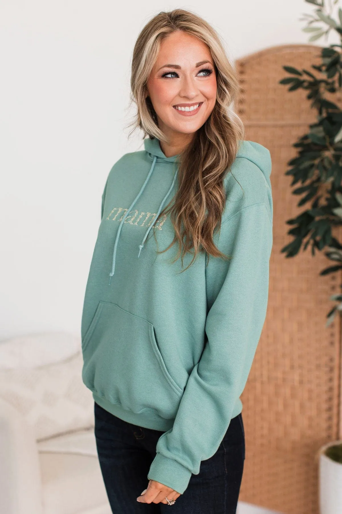 Mama Floral Embroidered Hoodie- Dusty Teal