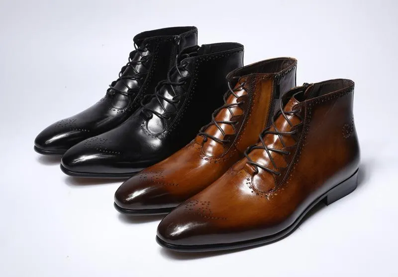 Men's Genuine Leather Handmade Lace Up High Top Zipper Ankle Boots