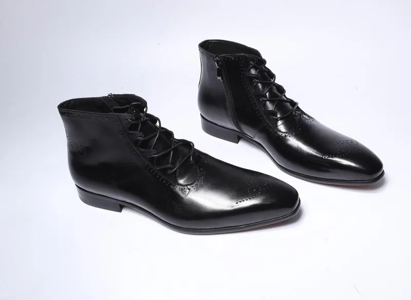 Men's Genuine Leather Handmade Lace Up High Top Zipper Ankle Boots