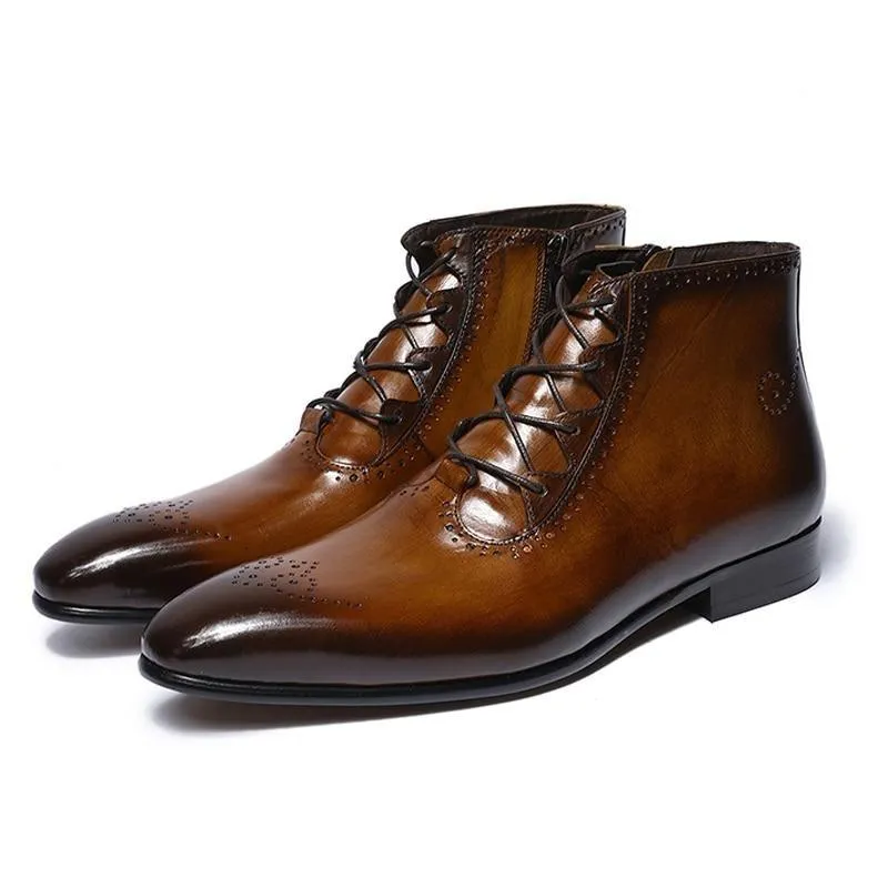 Men's Genuine Leather Handmade Lace Up High Top Zipper Ankle Boots